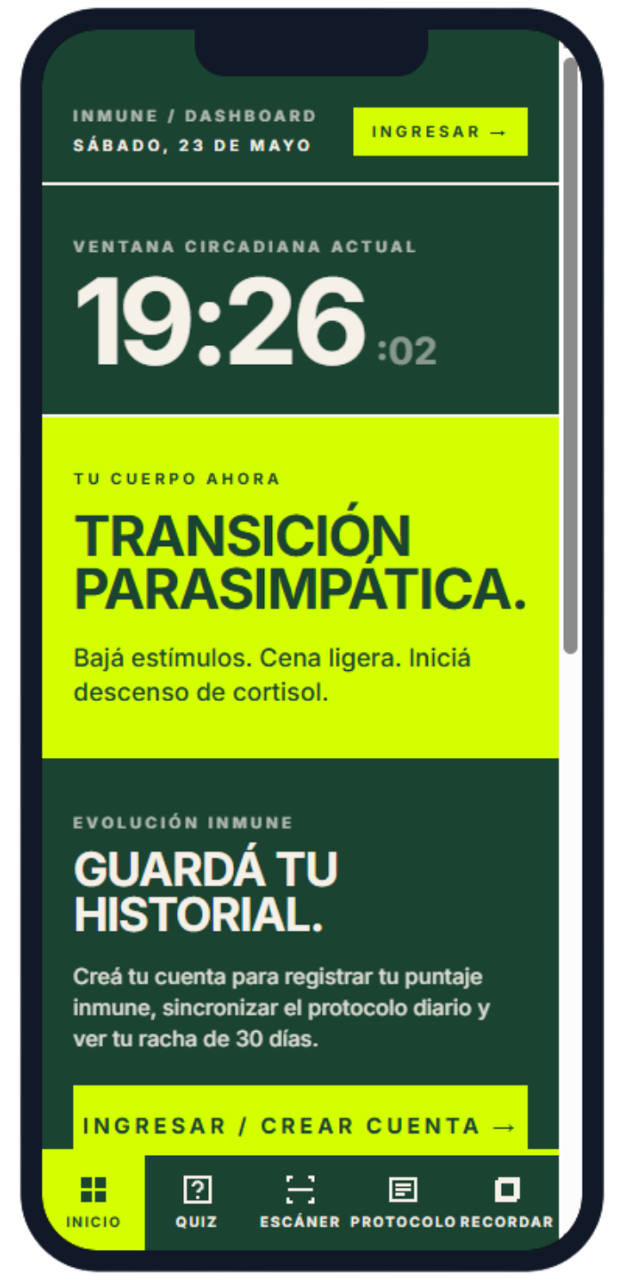 App INMUNE — Dashboard con ritmos circadianos